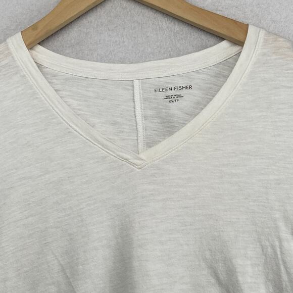 EILEEN FISHER Top XS Slub Organic Cotton Jersey V-Neck Elbow Sleeve White - Picture 4 of 10